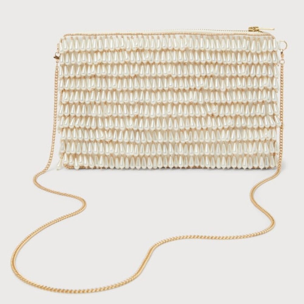 Lulus Glamorous Vision White Pearl Fringe Crossbody Bag